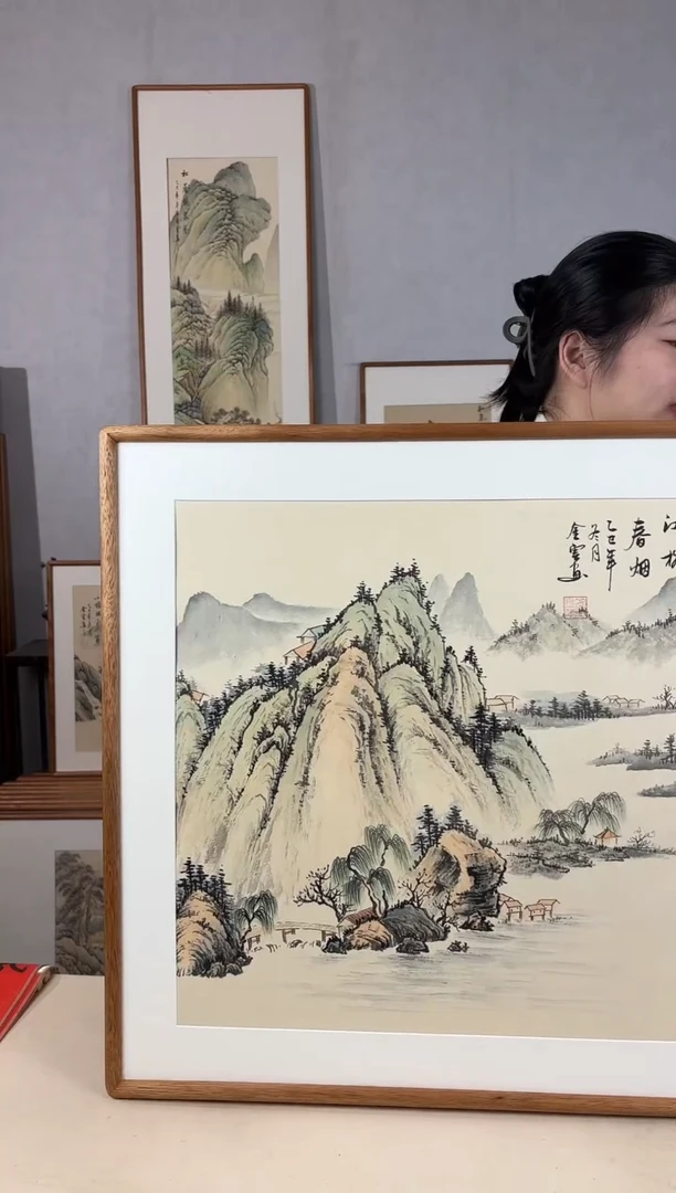 国画手绘*江柳春烟*62*62cm发黑胡桃色框*介意勿拍