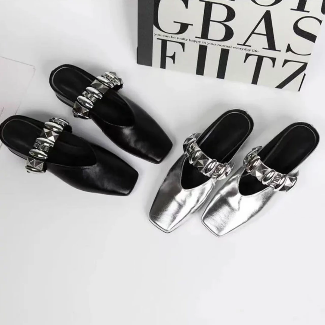 2025春夏新款英伦风方头一字带半拖时尚百搭外穿包头拖鞋女