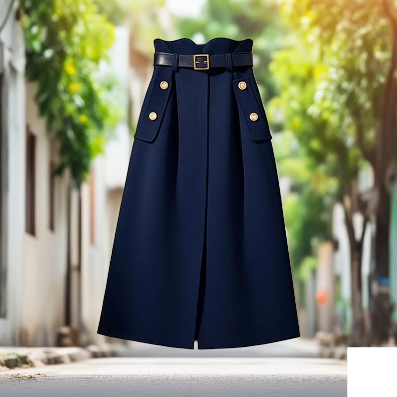 藏青收腰显气质优雅小个子百搭减龄高级感女神范半身A字裙设计感