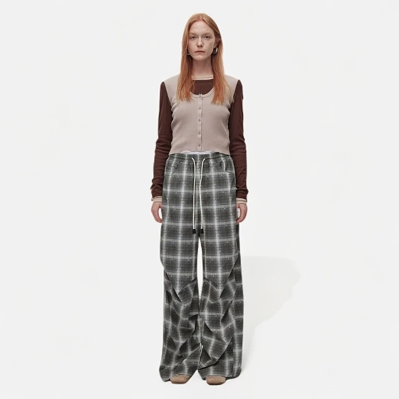 【VIINS】AVVENN 25SS早春格子工装降落伞裤宽松阔腿休闲裤女1073