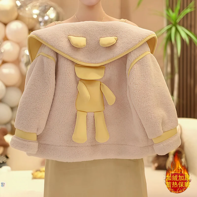 女童加绒外套秋冬2025新款翻领卡通皮毛一体大衣加厚毛毛衣甜美