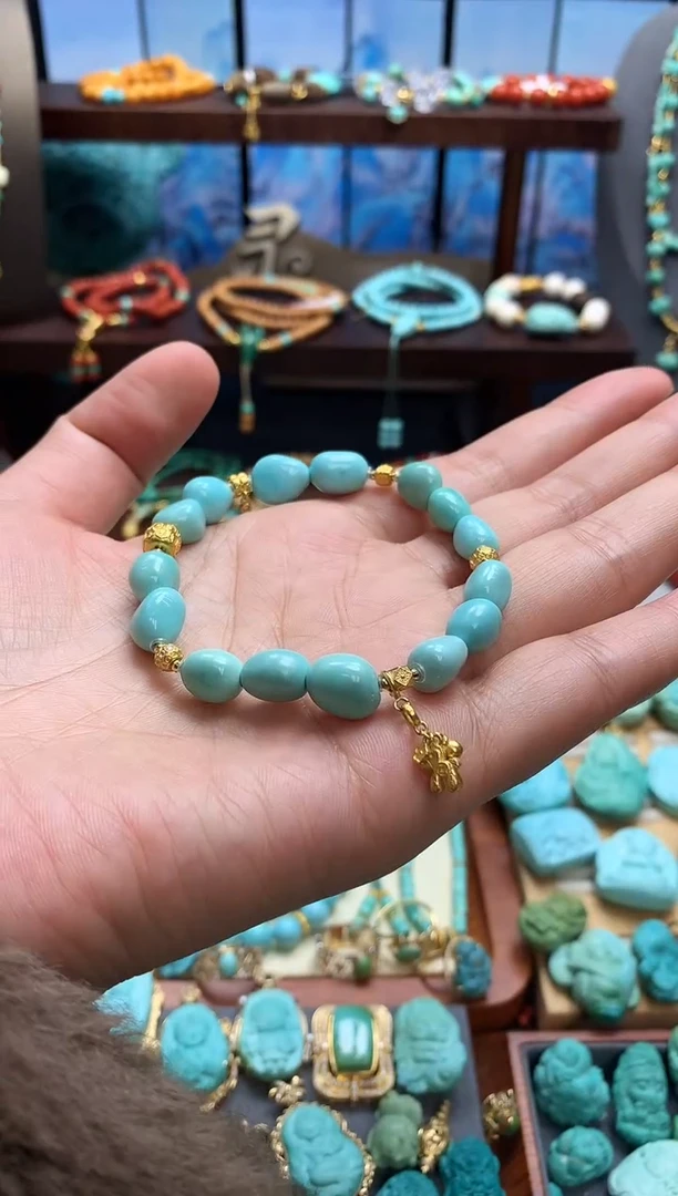 18K金镶嵌绿松石手链高瓷绿松石糖豆手串