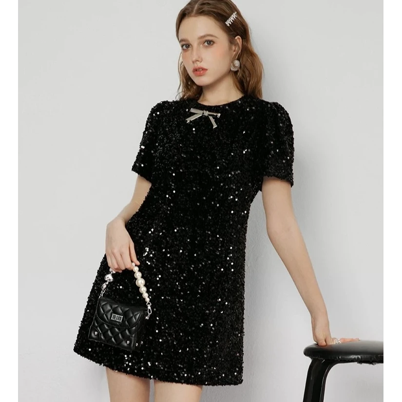 高级感亮片裙子2025春季新款修身显瘦短裙名媛轻奢气质短袖连衣裙