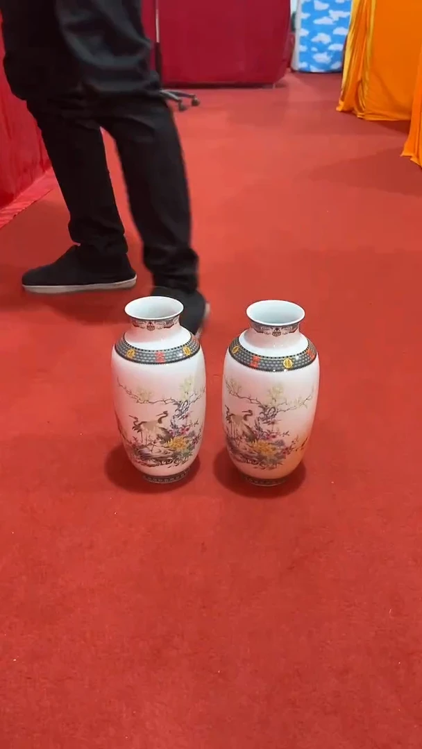 摆件陶景德镇粉彩松鹤迎春小花瓶一对