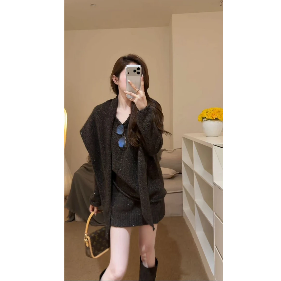 秋冬新款韩系套装气质慵懒风高级感显瘦针织上衣百搭短裙小众女装