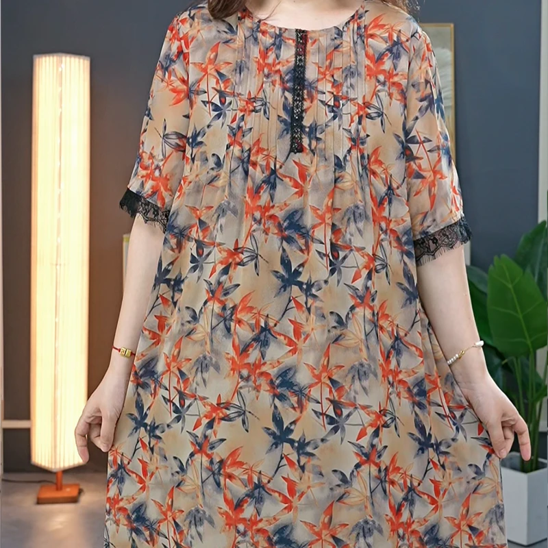 夏季清凉大码女装短袖气质蕾丝边领显瘦遮腰连衣裙0060