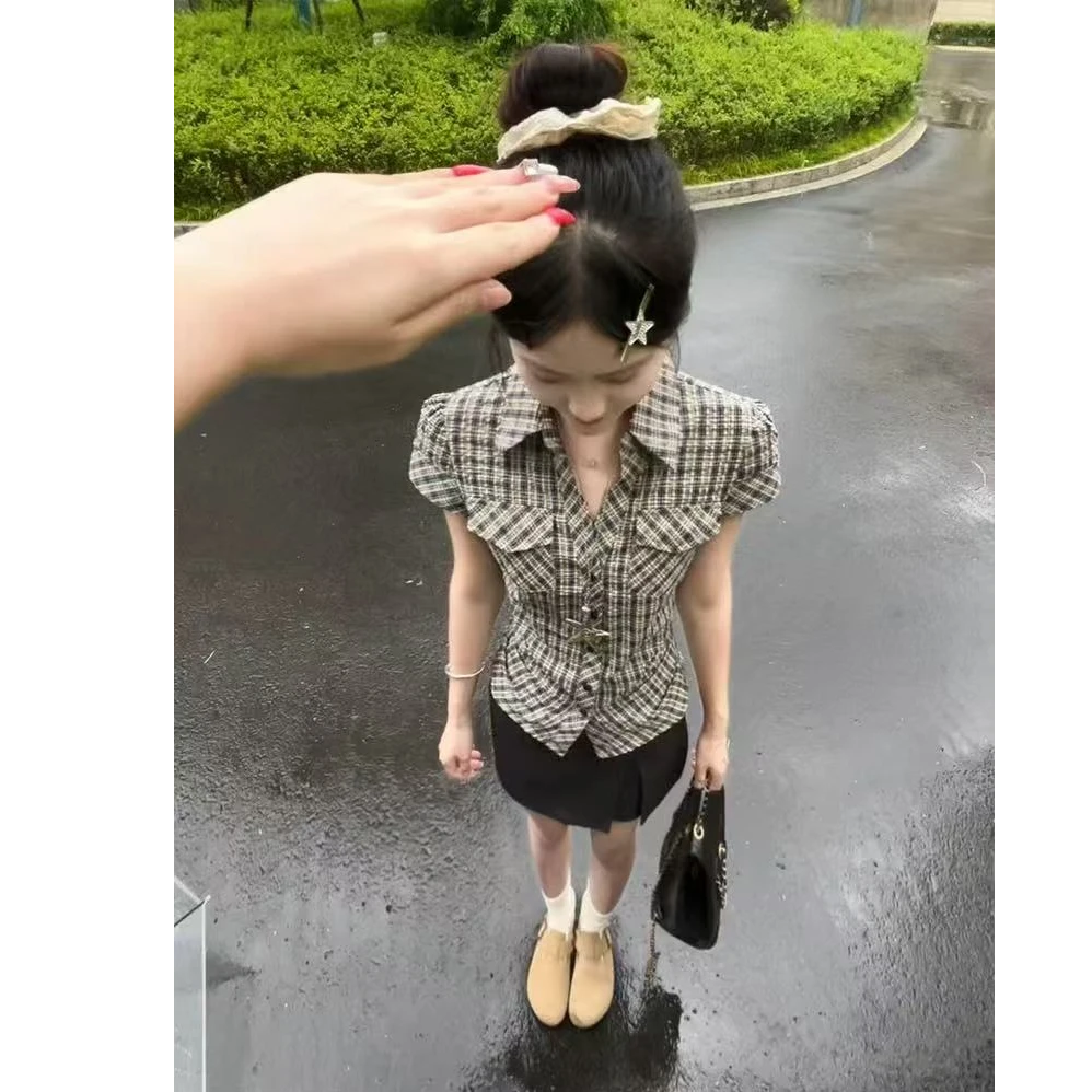 美式复古格子掐腰显瘦短袖衬衫女夏季设计感修身收腰百搭衬衣上衣