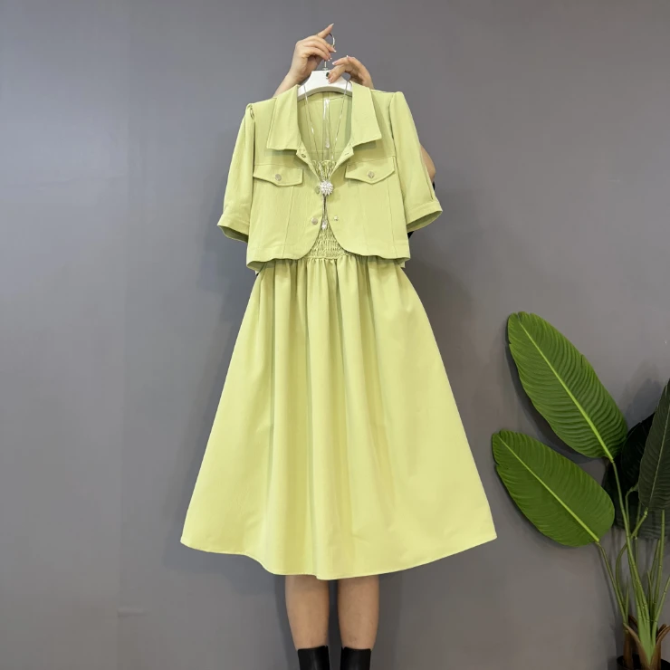 新款大码女装时尚洋气半袖外套十吊带连衣裙两件套套装