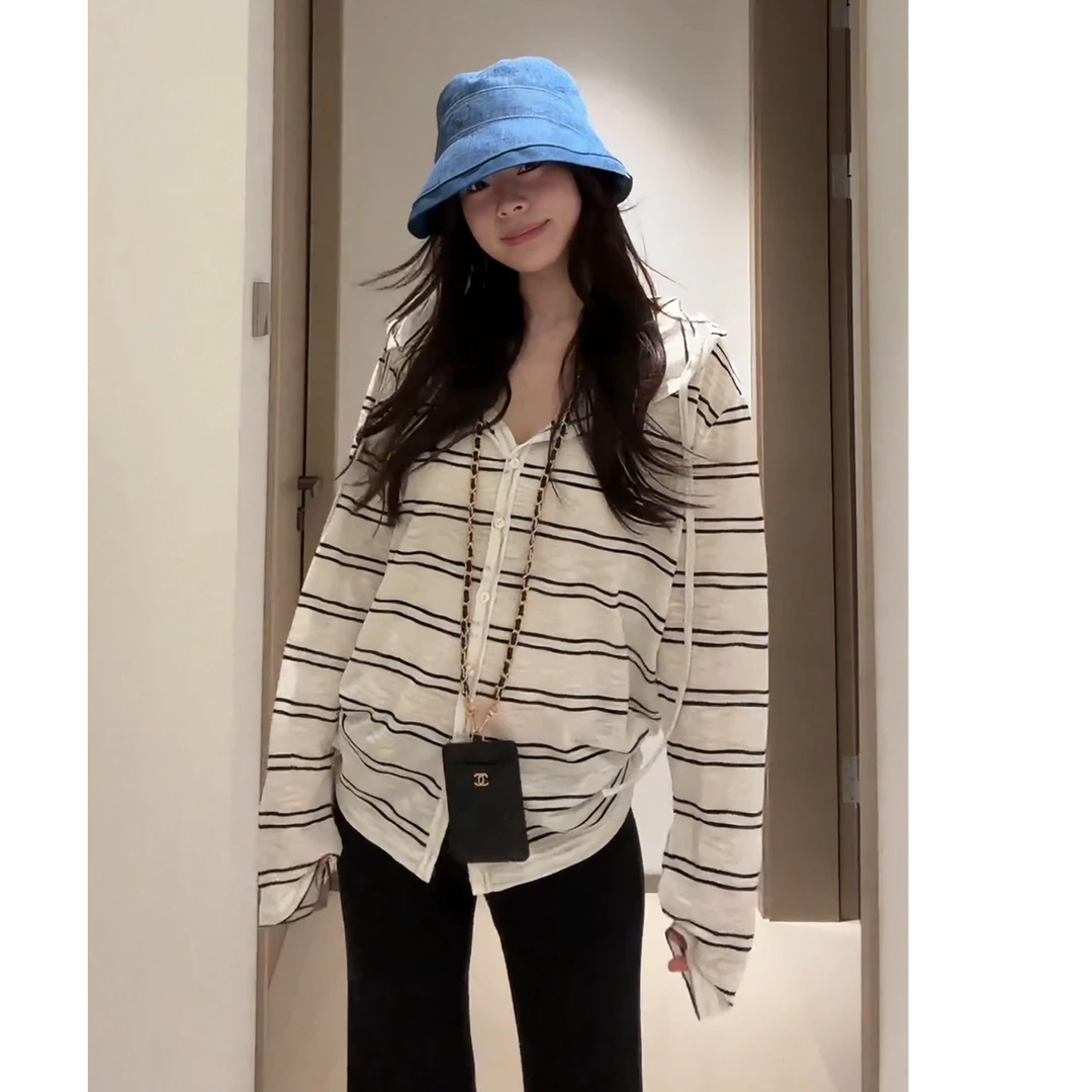 大码胖mm冷感长袖连帽条纹开衫T恤女秋季韩系慵懒薄款防晒衣上衣