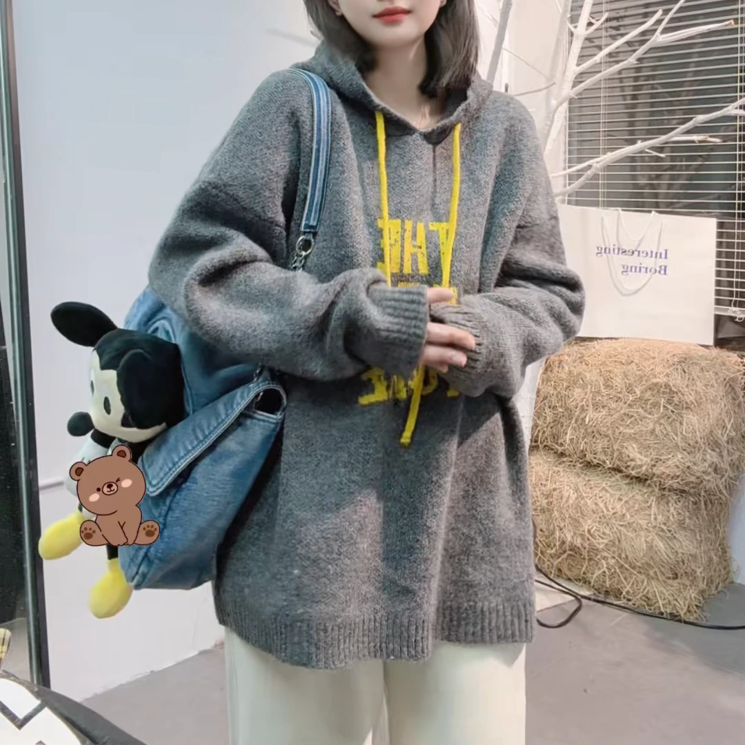 【思墨严选】19334韩系慵懒撞色字母宽松休闲连帽毛衣