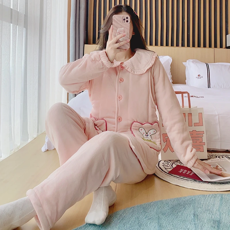 婴儿绒孕妇睡衣秋冬款月子服产后加厚三层夹棉保暖哺乳喂奶家居服