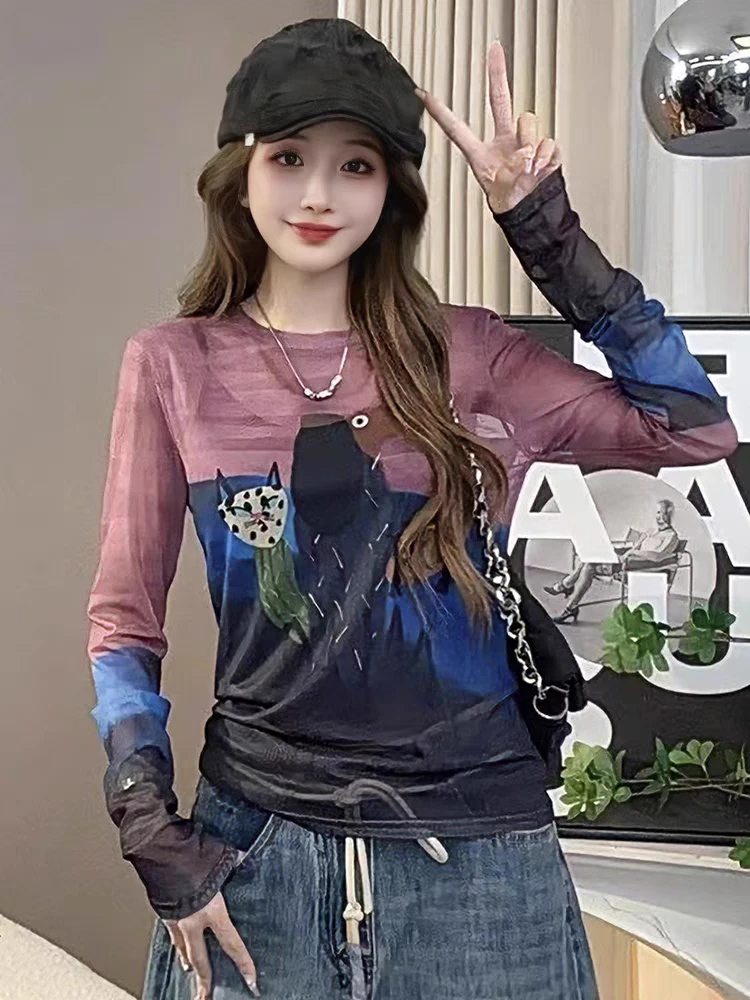 涂鸦卡通宽松慵懒打底衫女欧货春季新款时尚圆领防晒长袖T恤上衣