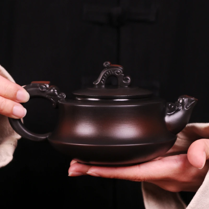 紫陶祥龙凤鸣壶大容量家用中式泡茶壶复古大号紫砂壶S