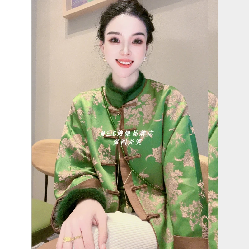 三C娘娘6312【绿意】国风新中式盘扣圆领长袖外套秋冬