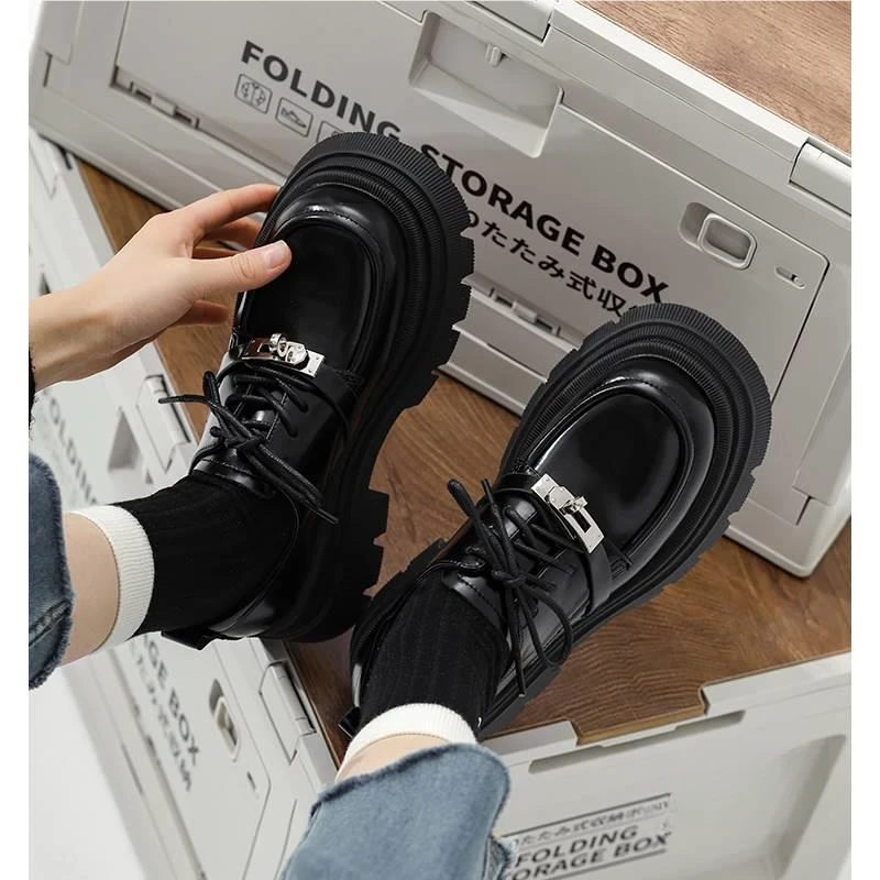 英伦风黑色系带小皮鞋女鞋2024新款夏季单鞋子爆款松糕厚底乐福鞋