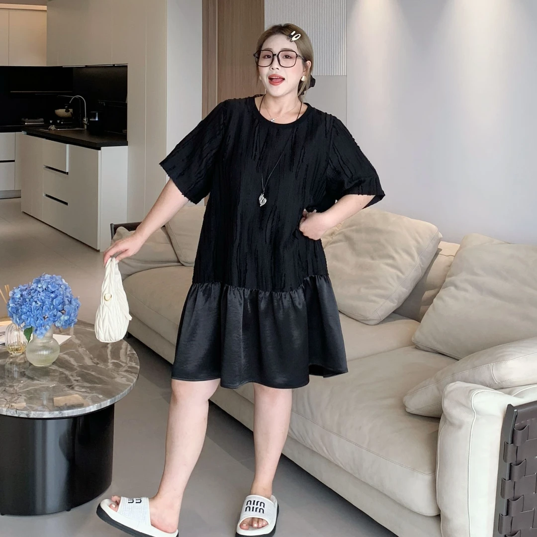 媛子大码重工提花鱼尾裙韩版拼接肌理感夏季新款胖mm遮肉连衣裙
