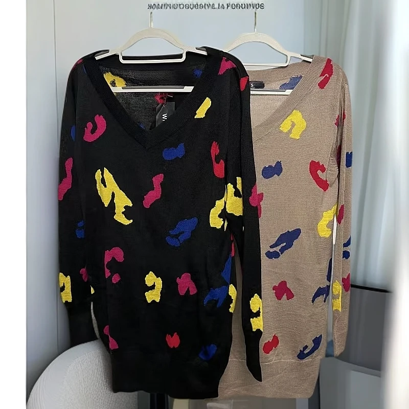 B7502 女士欧美风豹纹印花V领针织衫