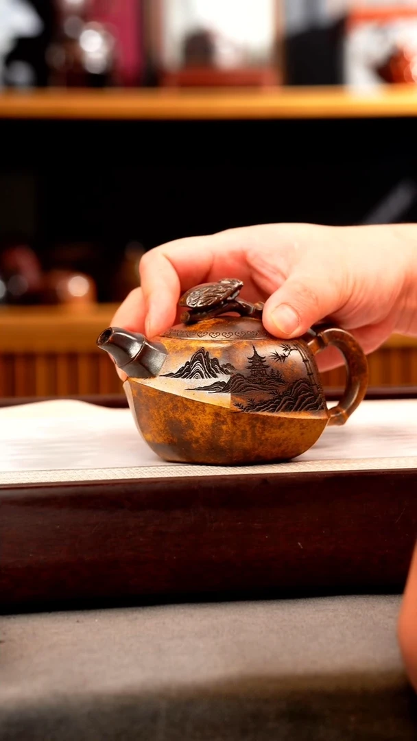 茶壶紫砂龙骨金砂 知足常乐 刻绘