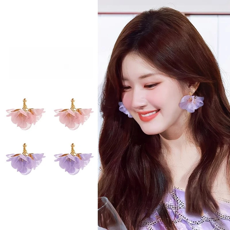 铜合金耳饰 网纱花朵耳环女仙气耳钉耳坠独特度假耳饰赵露思同款