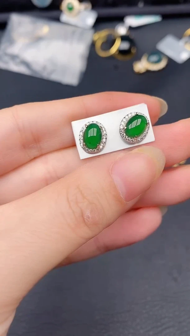 银S925镶嵌翡翠耳饰天然a货翡翠621