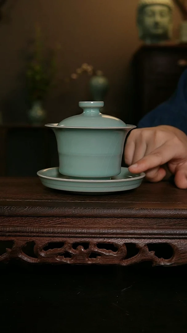 茶器仿古手工军绿竹节盖碗