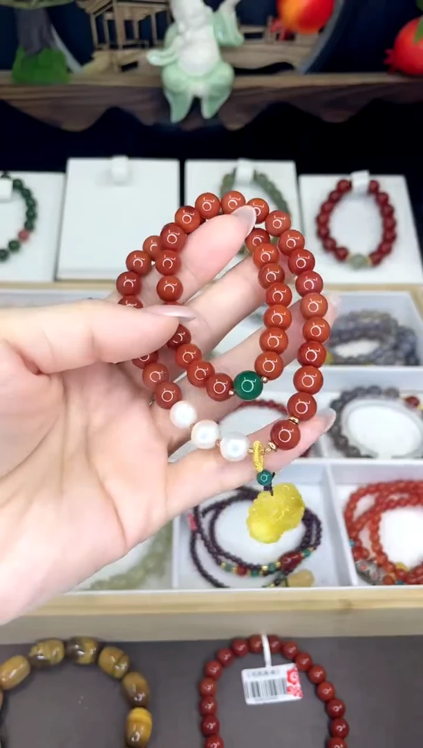 【闪购商品】南红玛瑙手链银S925镀金镶嵌双圈南红手链