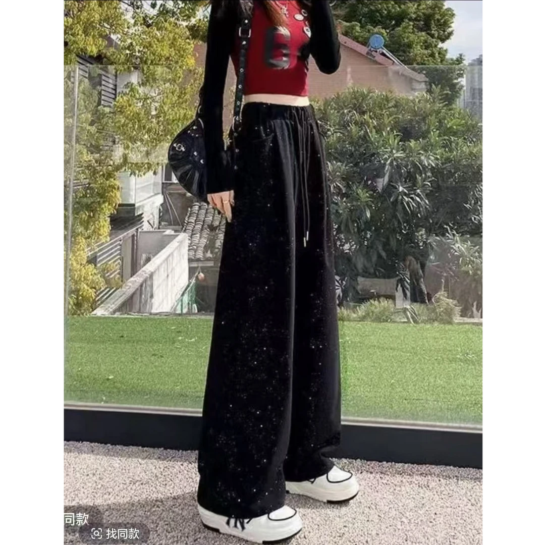 B555#春秋新款松紧高腰抽绳亮片弯刀休闲裤女（约98）