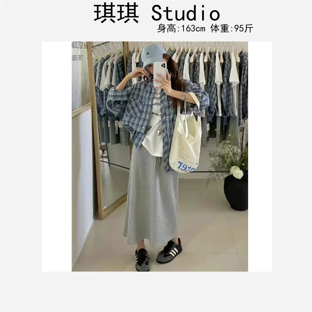 春季新款格子衬衫圆领拼色字母短袖松紧腰半身裙韩系慵懒三件套-G