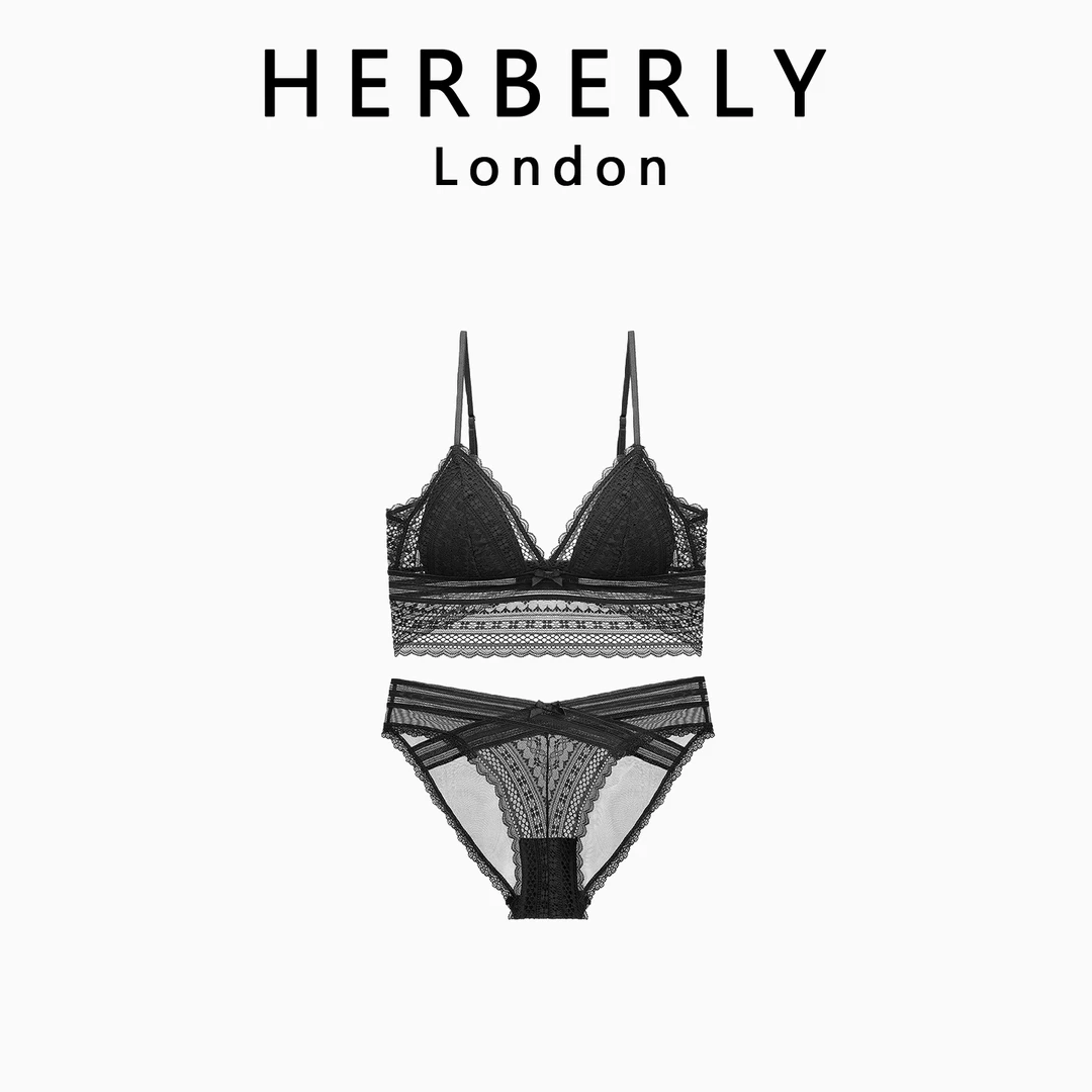 英国 HERBERLY 美背大露背蕾丝内衣无钢圈性感薄款三角杯文胸套装