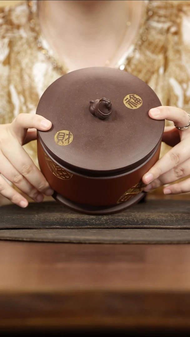 紫砂茶叶罐马钮朱泥刻福禄寿喜财茶叶罐