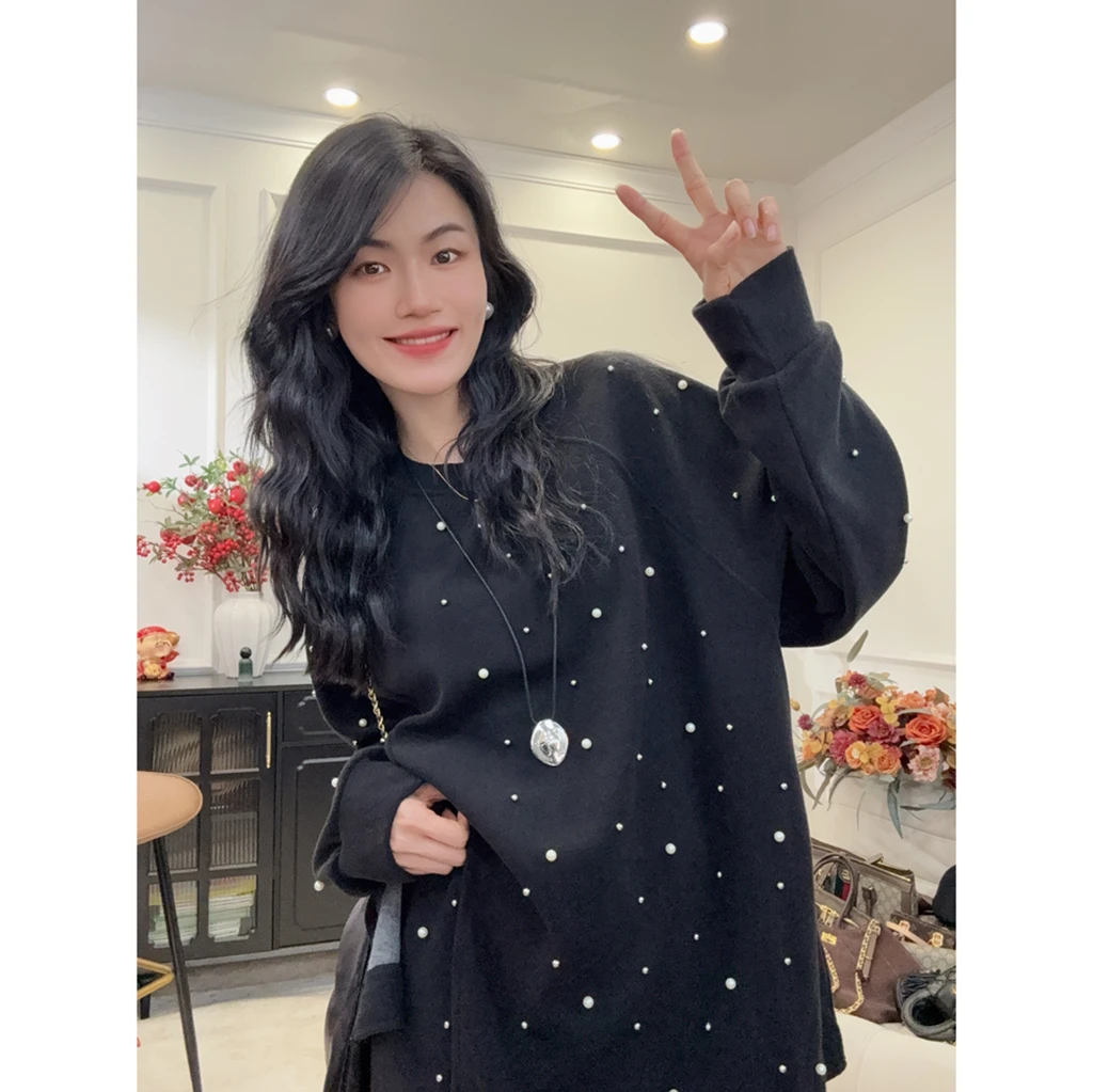 【星光夜阑】秋冬季时尚显瘦气质设计款重工珍珠上衣＋裙子