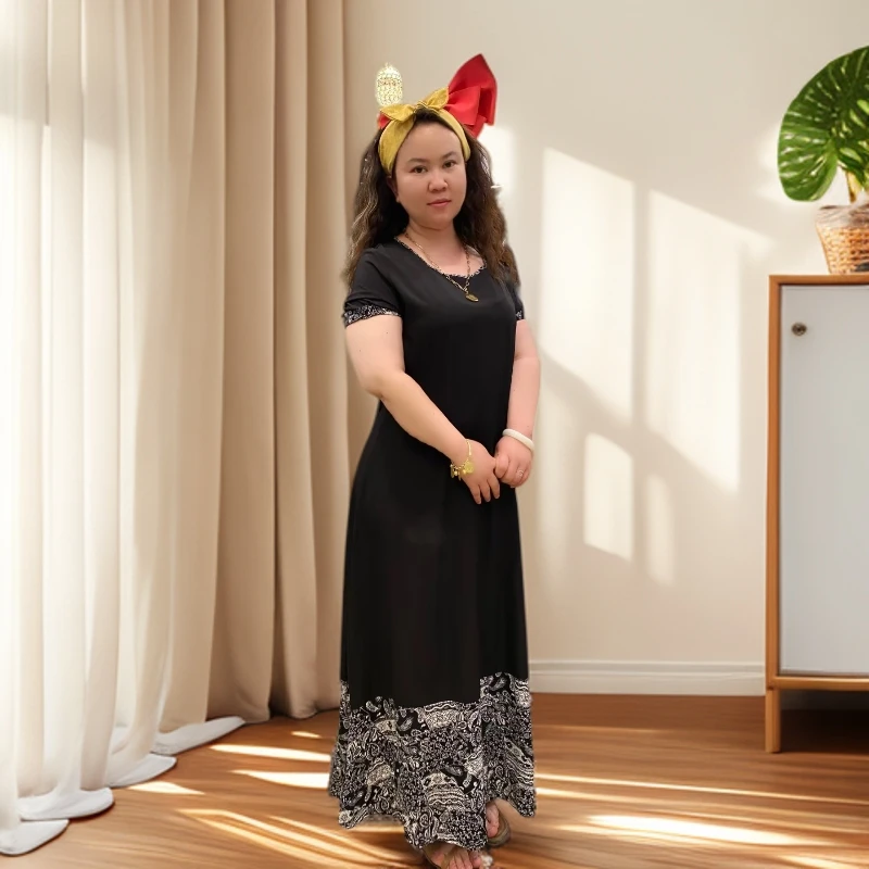 夏季大圆领蕾丝拼接砍袖撞色中长款连衣裙休闲慵懒风宽松潮