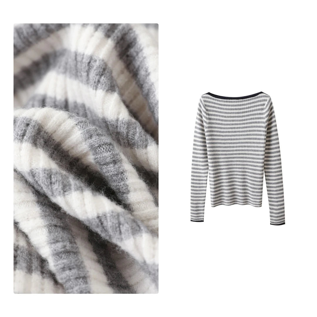 门店24&9！一字领毛衣」绵羊毛条纹显瘦修身女式针织衫H00684
