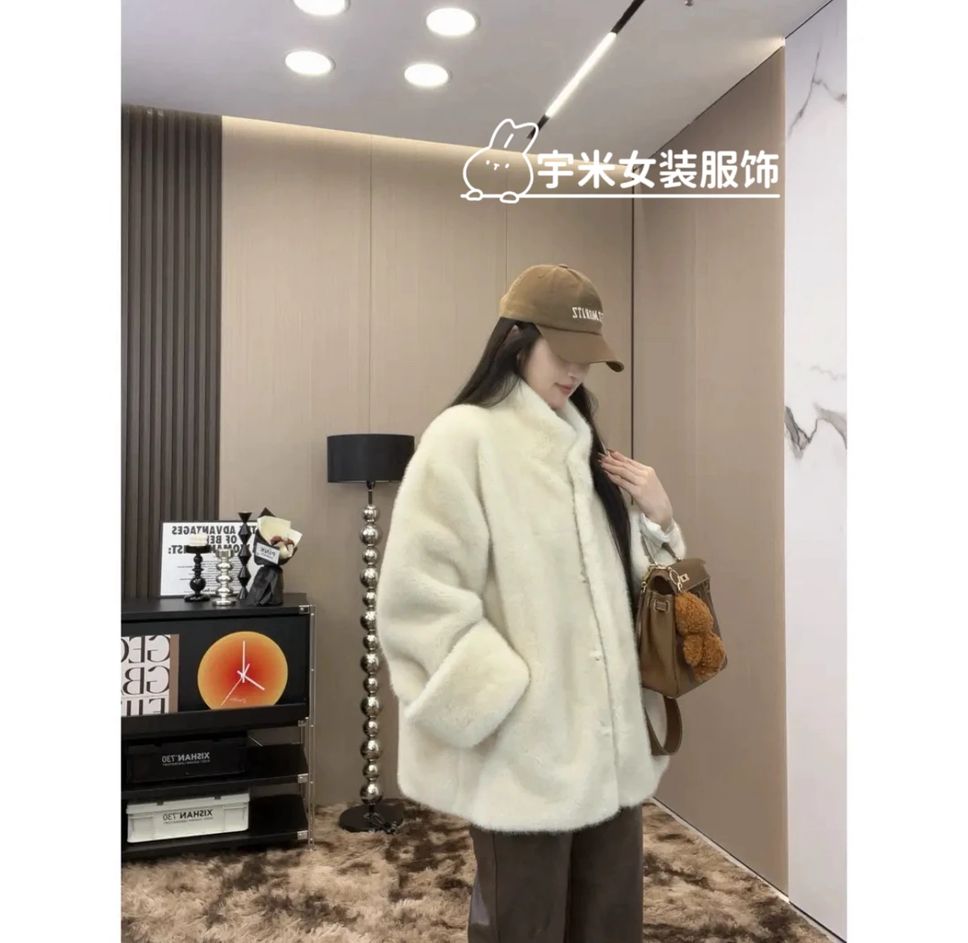 【YM女装】2024秋冬季韩版百搭挽袖中古毛绒中长款百搭双色毛毛外套