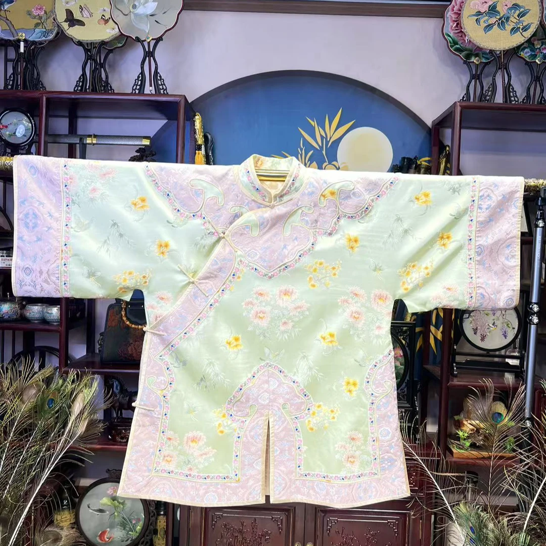 孤品非遗传承绿色立领斜襟真丝宋锦包边菊花兰花蝴蝶中长款太太服