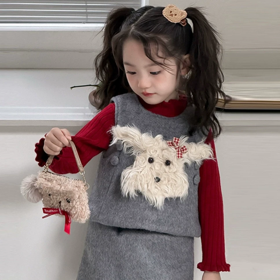 女童秋冬套装夹棉2025新款冬装韩版时髦女宝宝气质毛呢短裙两件套