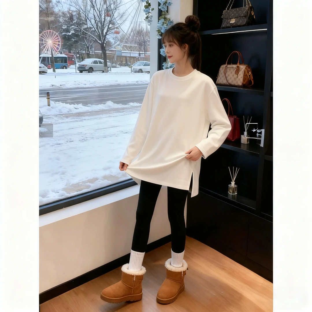 德绒白色加厚圆领中长款长袖打底衫女内搭新款秋冬洋气叠穿上衣潮