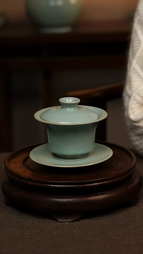 瓷片仿古天青全手工三才马蹄盖碗130ml 一级礼盒包装