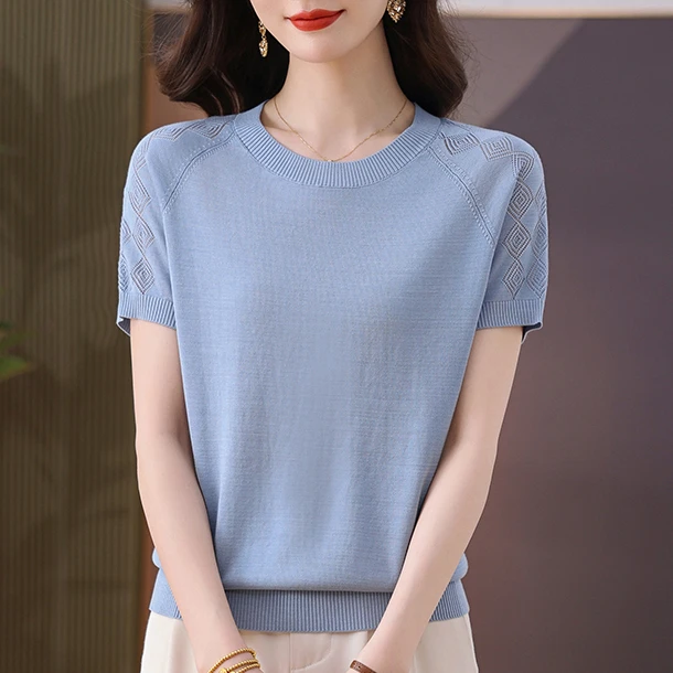 圆领女常规短袖镂空时尚百搭休闲针织衫薄款洋气遮肉显瘦套头T恤