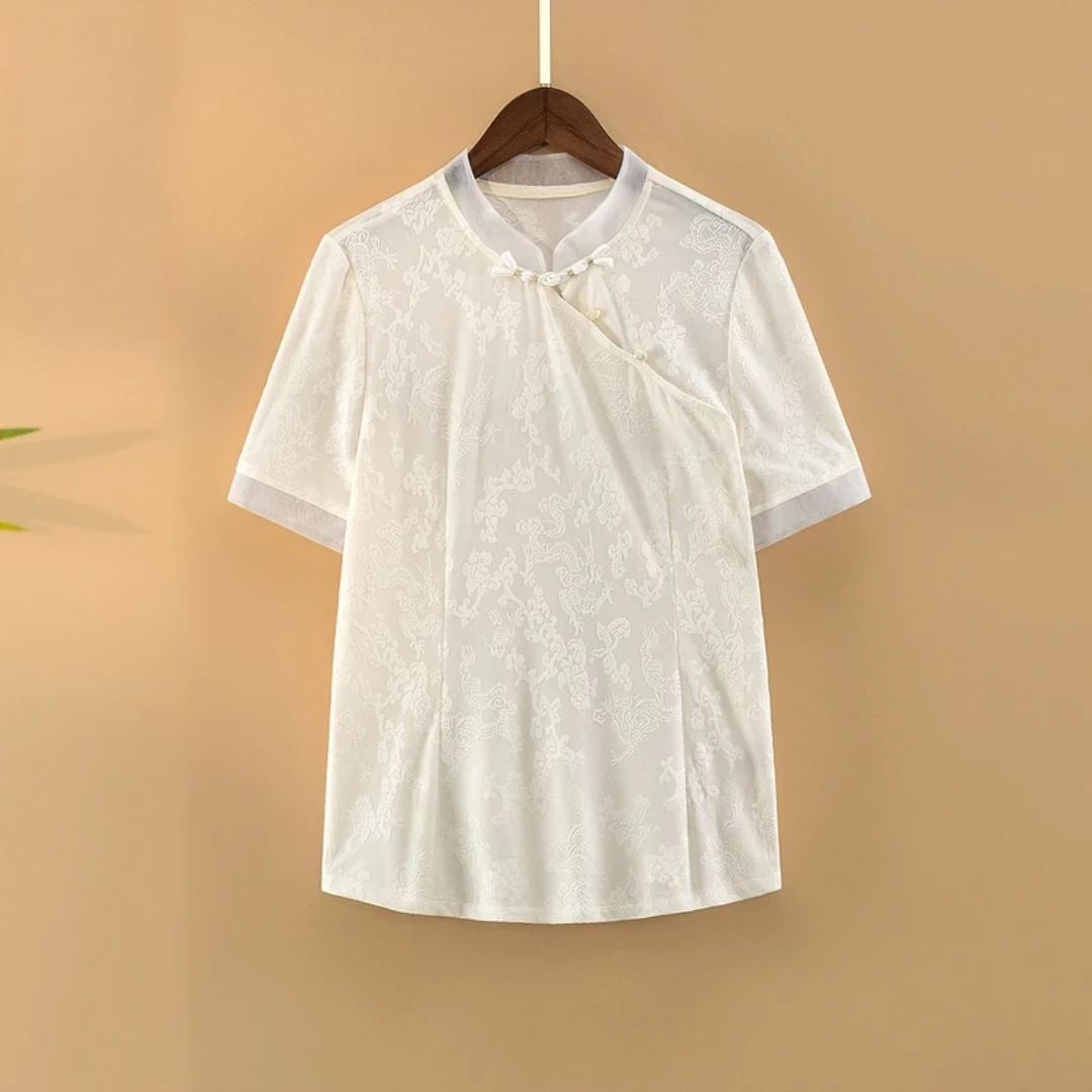 【欧根纱拼接】立领新中式提花短袖常规款T恤中国风白色气质中长款