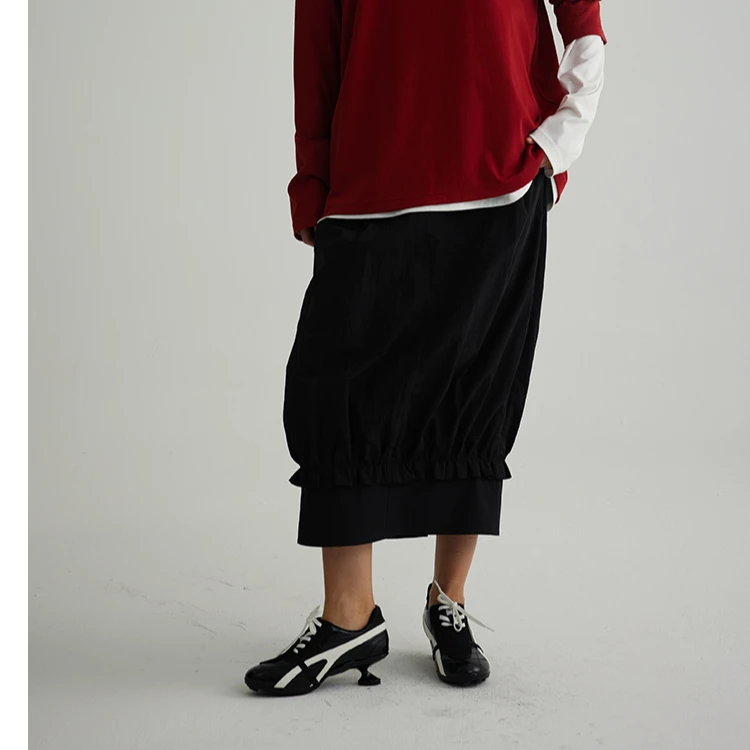 DJFL 黑色拼接工字褶设计透气宽松O型半身裙女经典百搭 DWWS1Q404