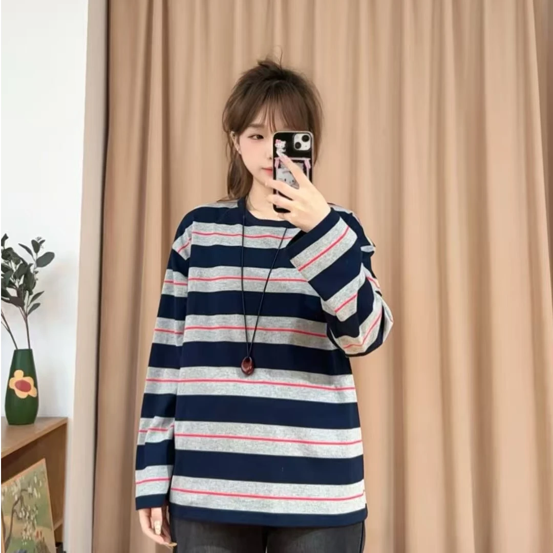 85597余小鱼【撞色条纹系】藏青色时尚百搭套头圆领韩版长袖女装