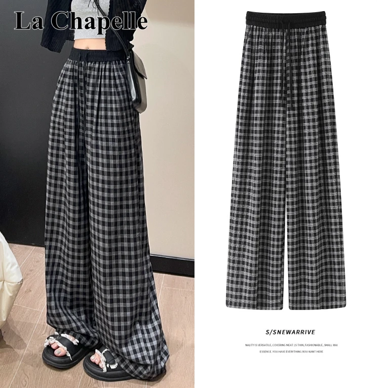 拉夏贝尔黑白格子高腰阔腿裤女夏2025新款慵懒休闲小个子直筒长裤