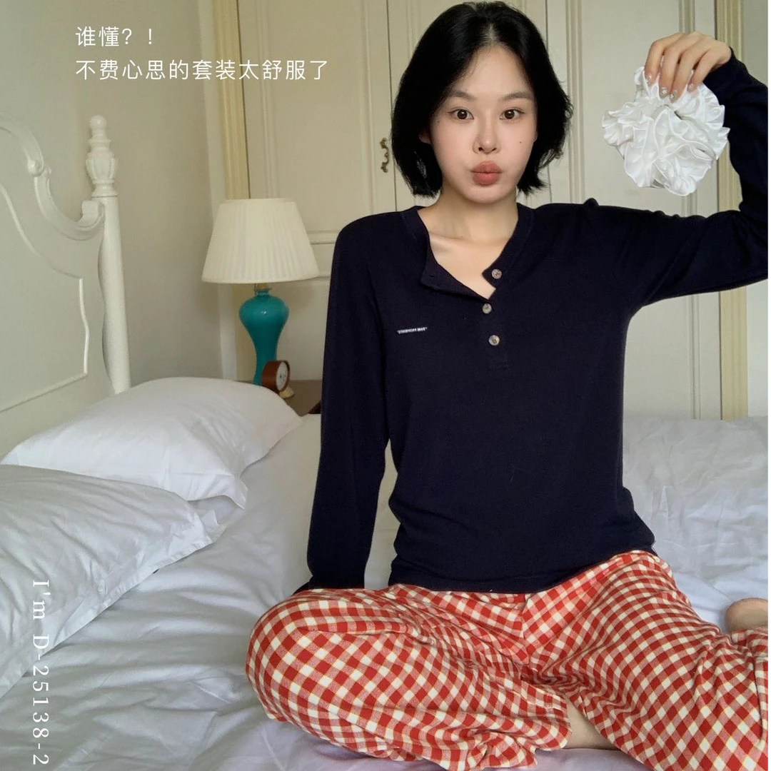 杜小宅正品春秋新款贝壳衣格子裤二件套家居服日常可外穿睡衣套装
