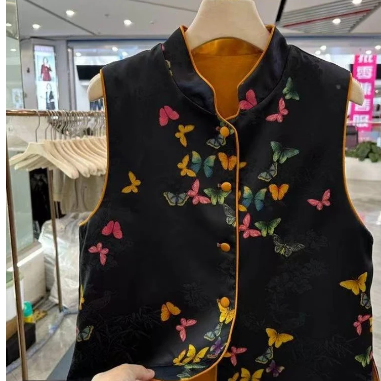 新中式复古风小唐人提花双面穿马甲女秋季新款中国风立领印花坎肩