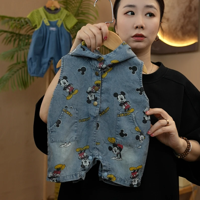夏季婴小童男女宝卡通米奇牛仔无袖连体爬服