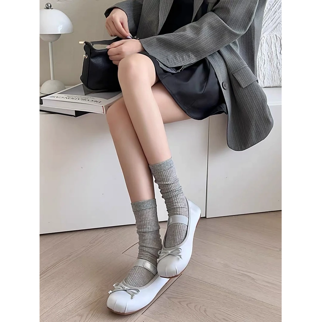 堆堆袜夏季薄款袜子女miu系中筒袜配玛丽珍鞋芭蕾风长袜纯棉灰色