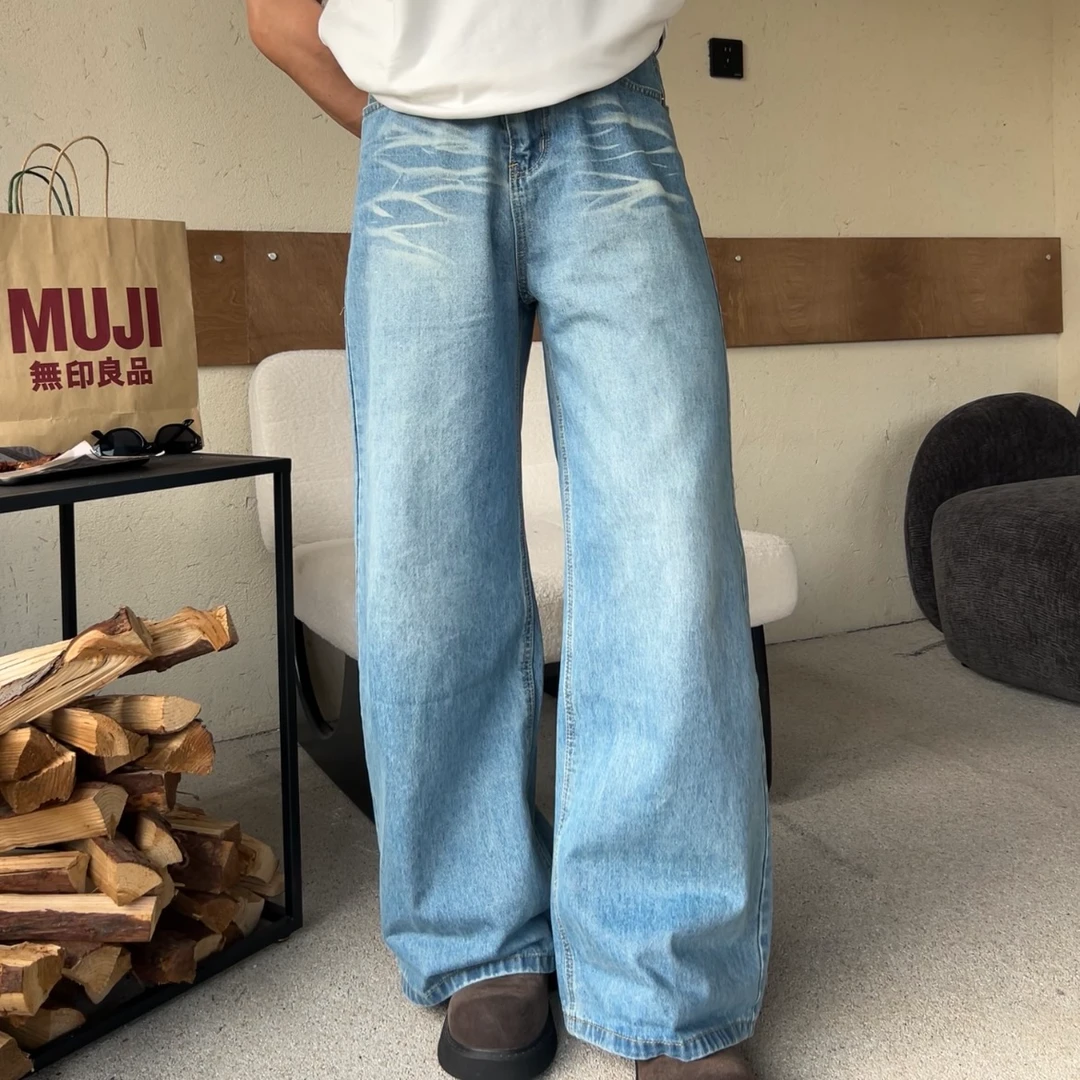 TTYM*夏季美式潮牌水洗猫须蓝色牛仔裤男宽松直筒阔腿拖地长裤