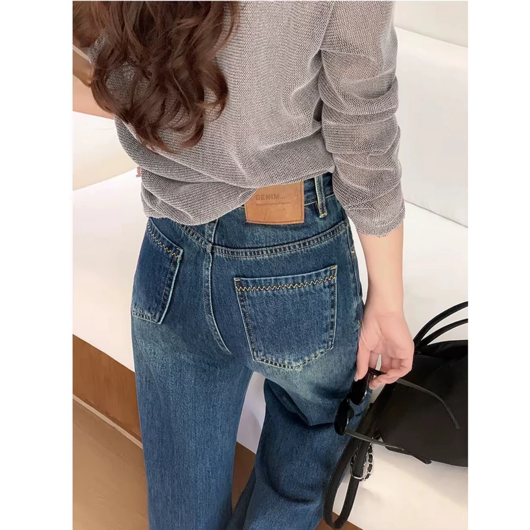 【现货+运费险】早秋新款牛仔裤女窄版阔腿裤宽松显腿长复古蓝