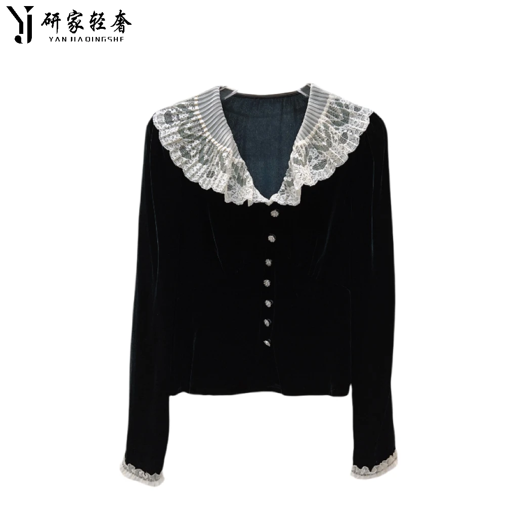 5689研家轻奢复古撞色蕾丝钩花V领钻扣侧拉链丝绒衬衫上衣